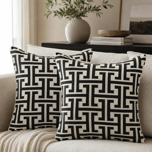 Geometric Jacquard Pillow Covers with Piping - Black