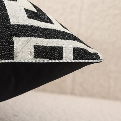 Geometric Jacquard Pillow Covers with Piping - Black