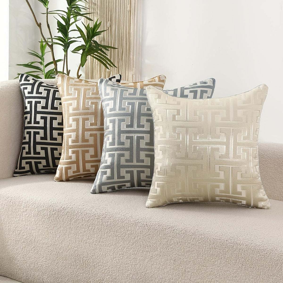 Geometric Jacquard Pillow Covers with Piping - Black