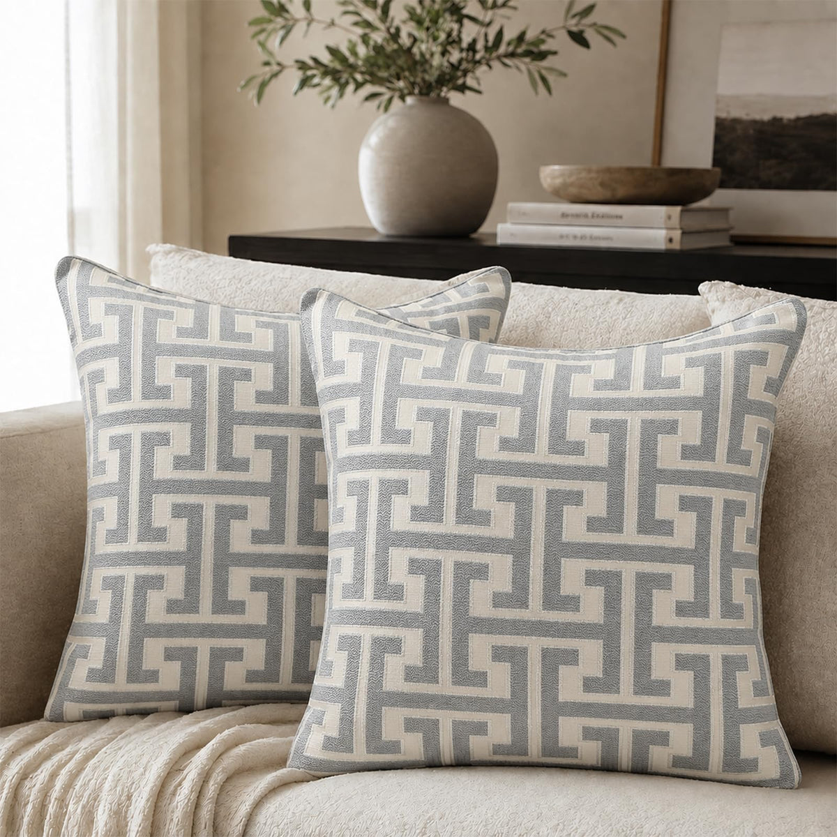 Geometric Jacquard Pillow Covers with Piping - Grey