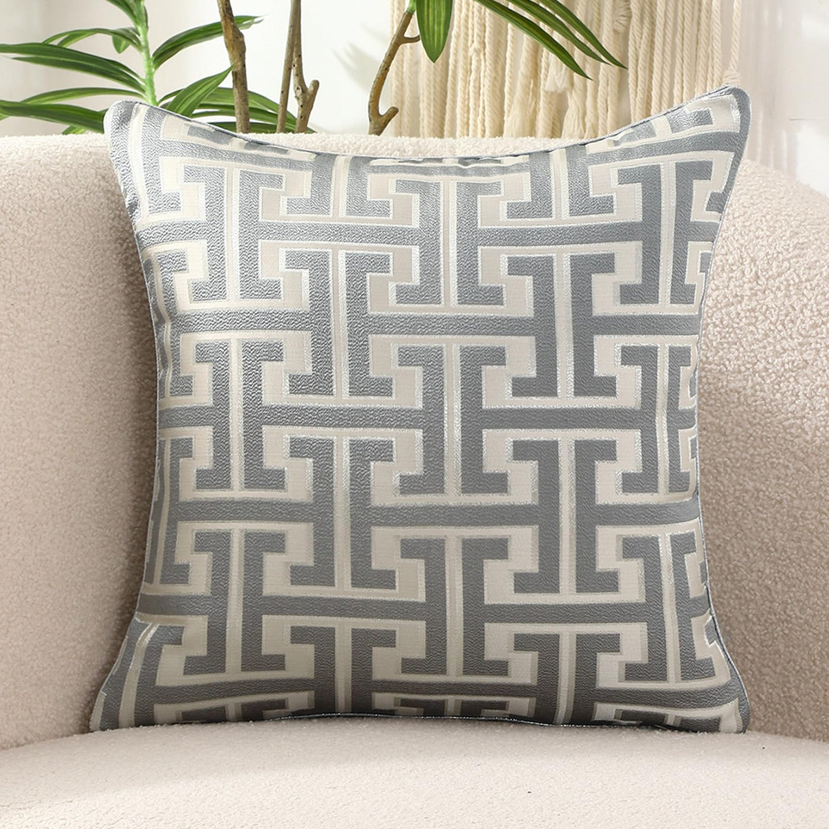 Geometric Jacquard Pillow Covers with Piping - Grey