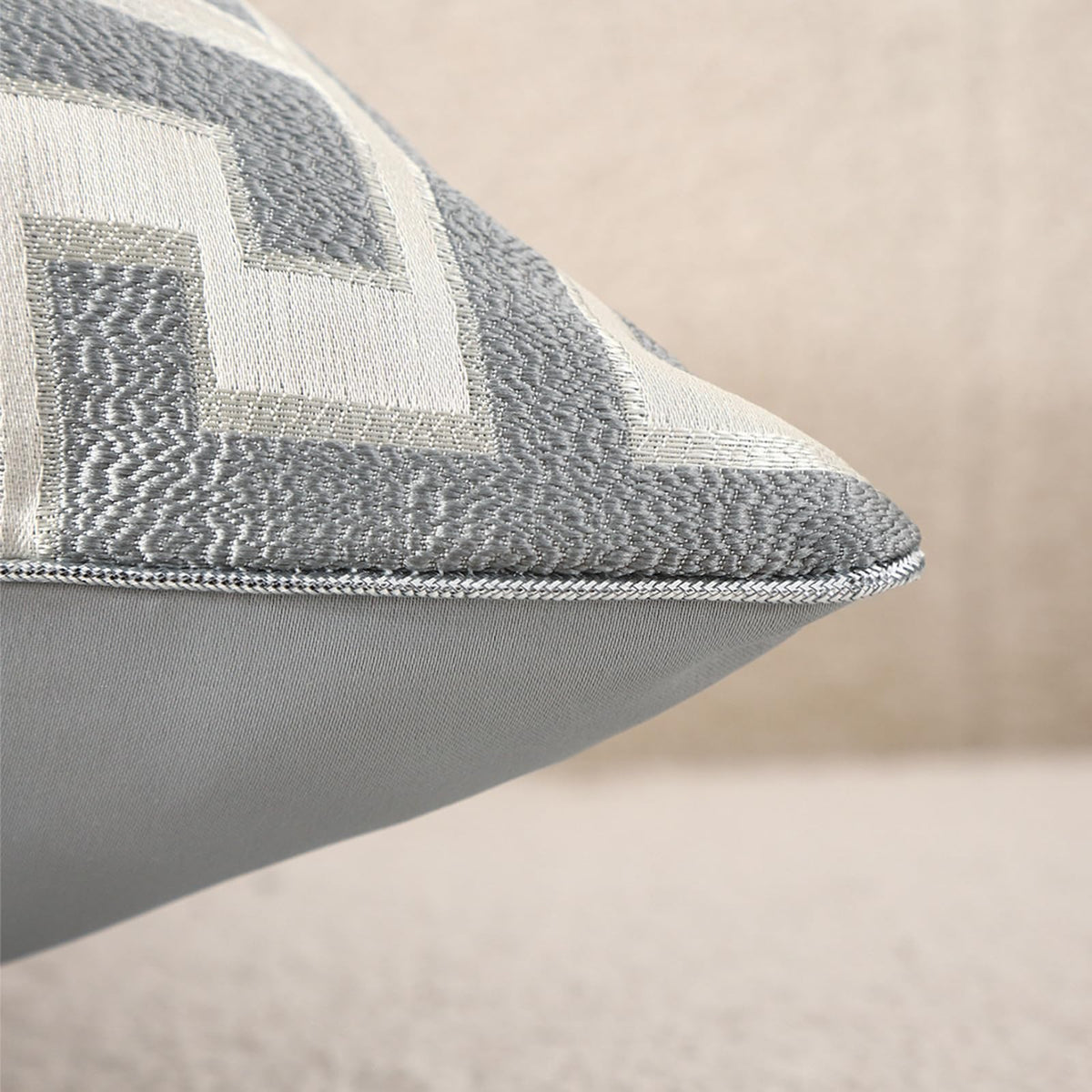 Geometric Jacquard Pillow Covers with Piping - Grey