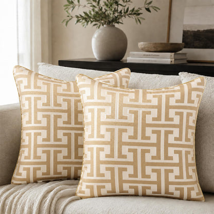Geometric Jacquard Pillow Covers with Piping - Khaki