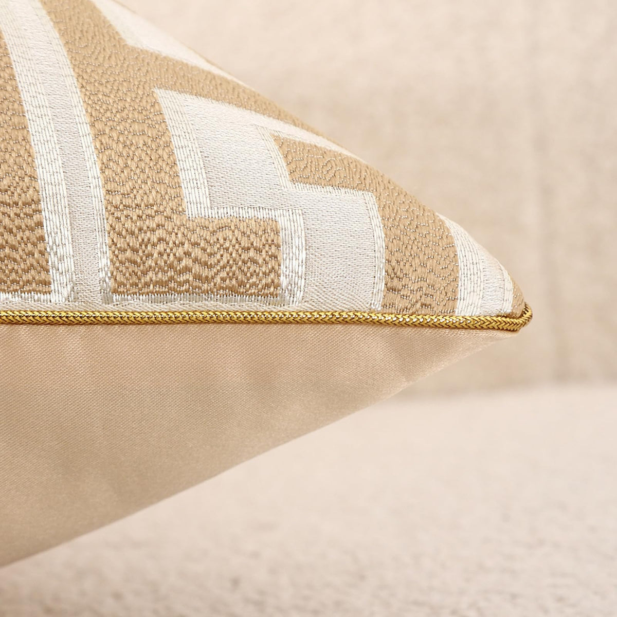 Geometric Jacquard Pillow Covers with Piping - Khaki