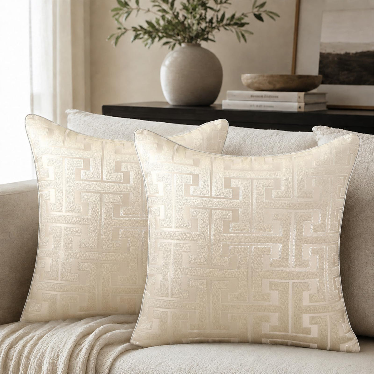 Geometric Jacquard Pillow Covers with Piping - Ivory White