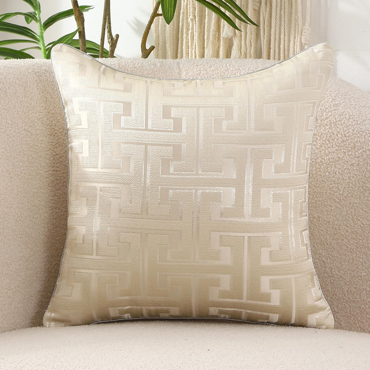 Geometric Jacquard Pillow Covers with Piping - Ivory White