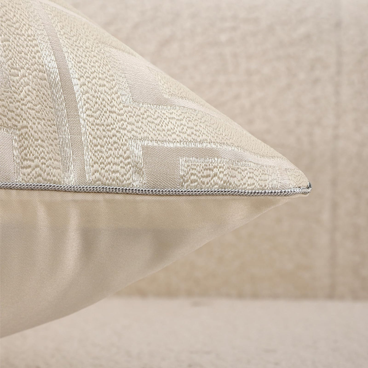 Geometric Jacquard Pillow Covers with Piping - Ivory White