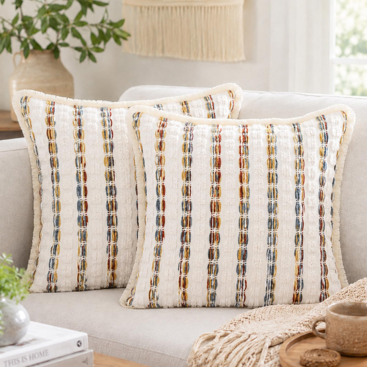 Striped Chenille Pillow Covers with Fringe - Multicolor