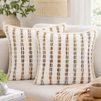 Striped Chenille Pillow Covers with Fringe - Multicolor