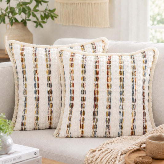 Striped Chenille Pillow Covers with Fringe - Multicolor