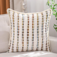 Striped Chenille Pillow Covers with Fringe - Multicolor
