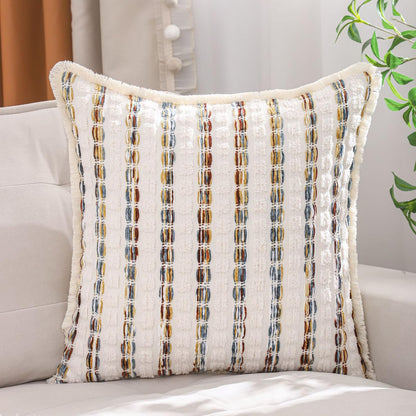 Striped Chenille Pillow Covers with Fringe - Multicolor
