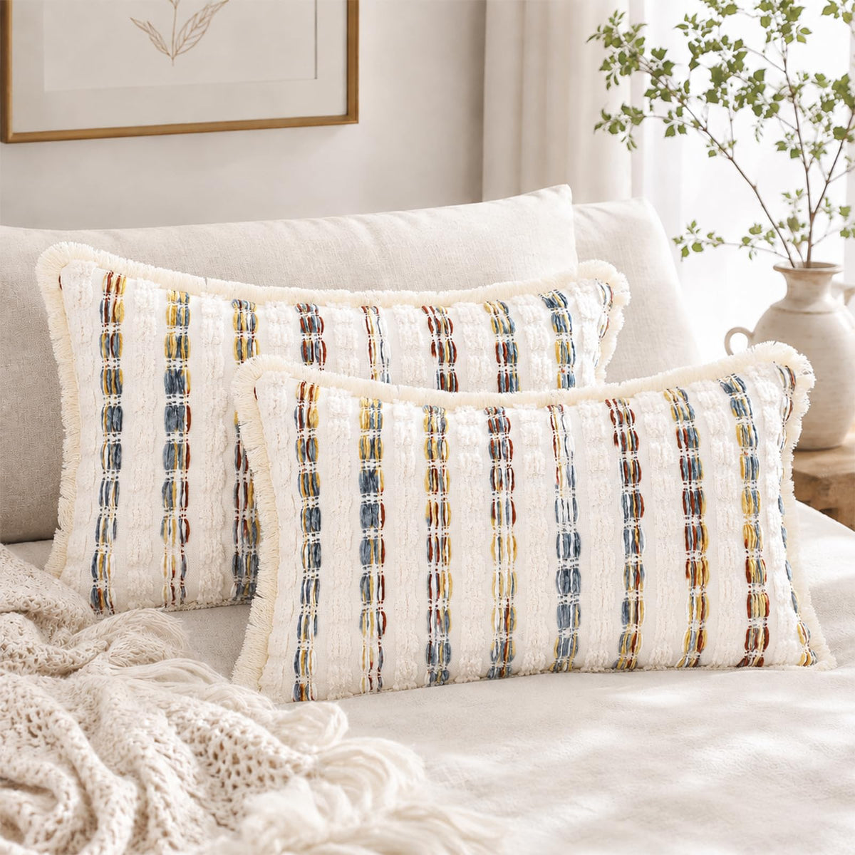 Striped Chenille Pillow Covers with Fringe - Multicolor