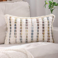 Striped Chenille Pillow Covers with Fringe - Multicolor