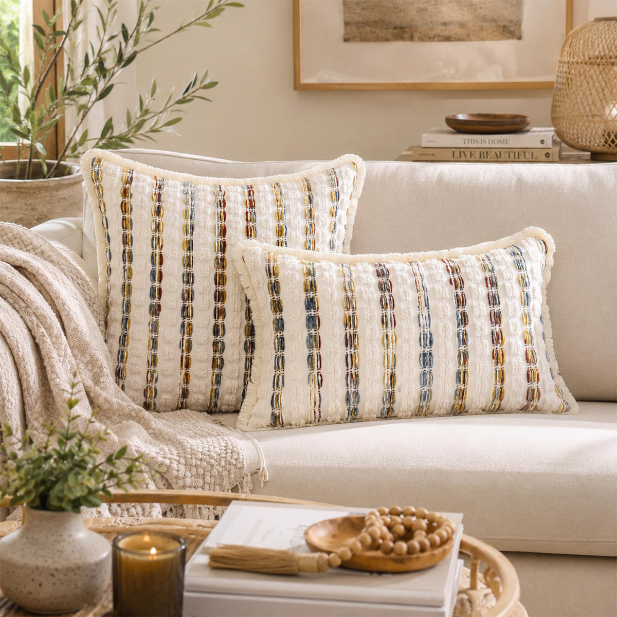 Striped Chenille Pillow Covers with Fringe - Multicolor