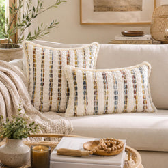 Striped Chenille Pillow Covers with Fringe - Multicolor