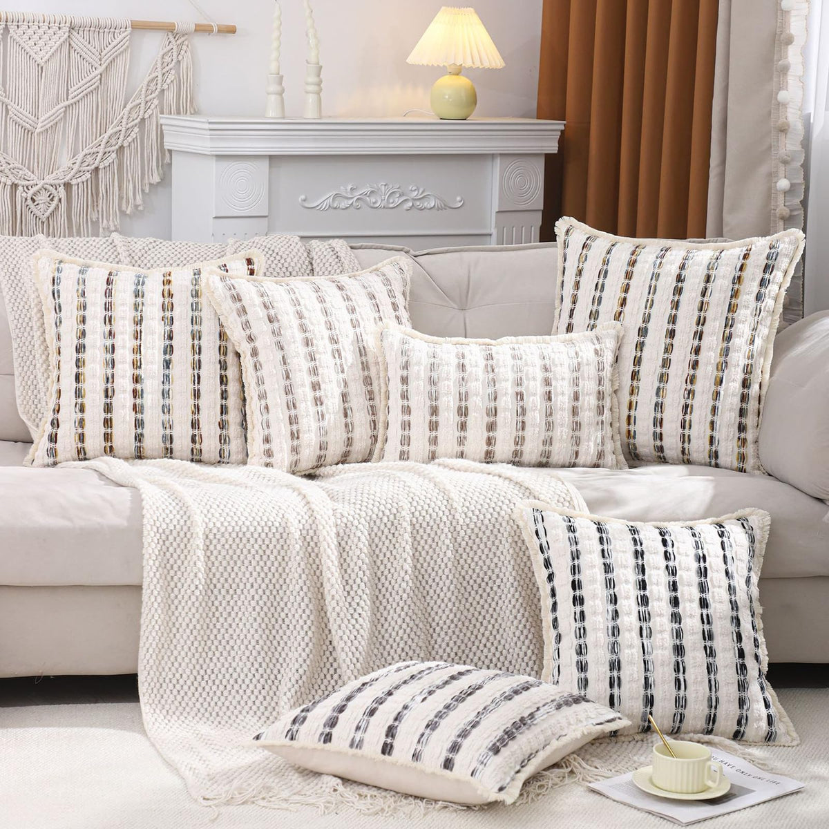 Striped Chenille Pillow Covers with Fringe - Multicolor