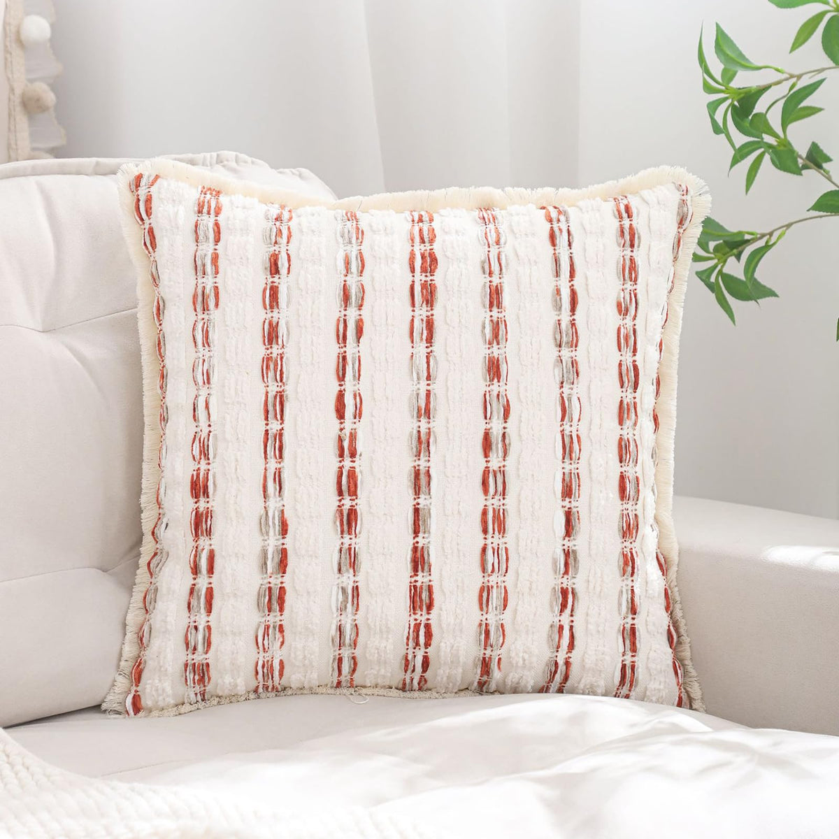 Striped Chenille Pillow Covers with Fringe - Rust Orange