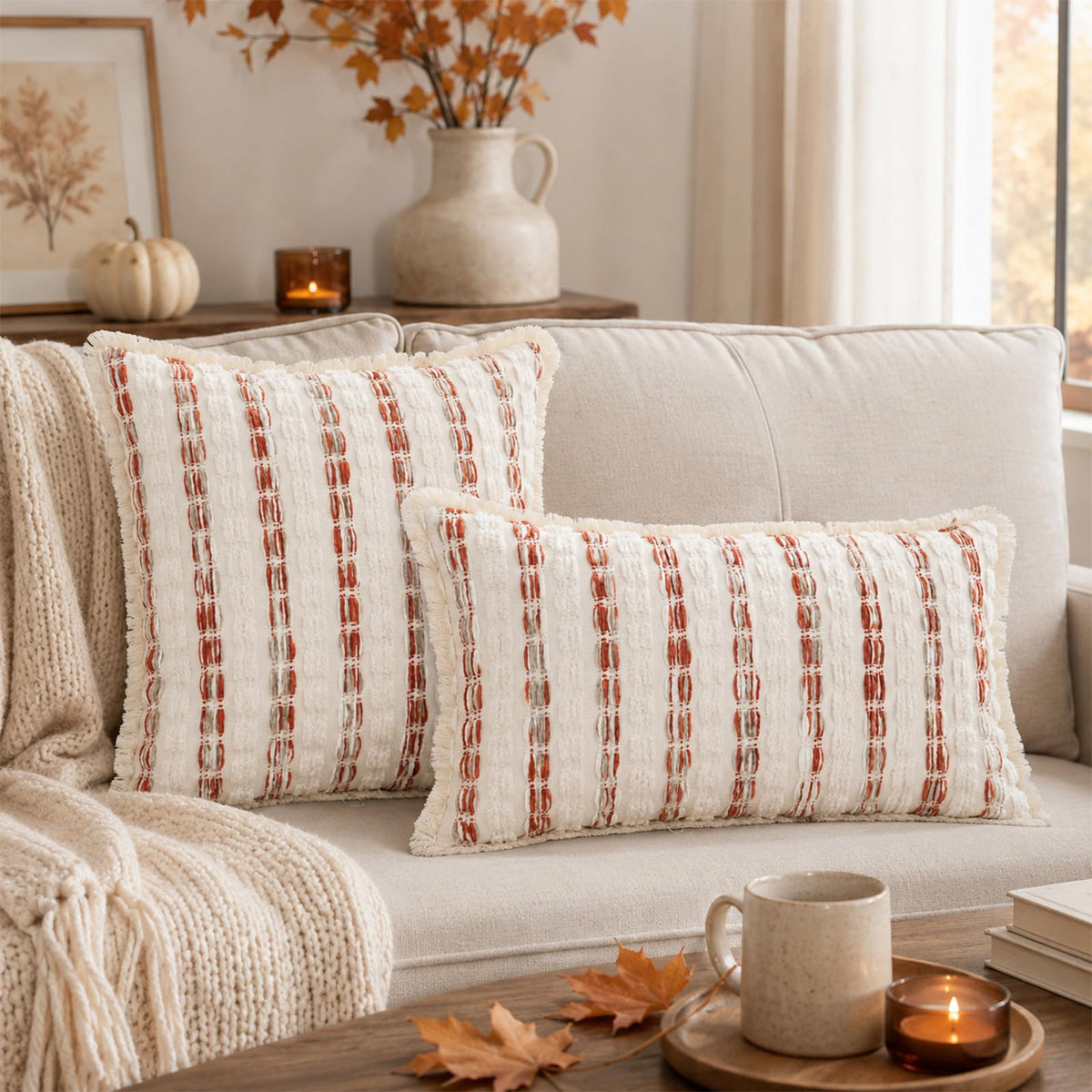 Striped Chenille Pillow Covers with Fringe - Rust Orange