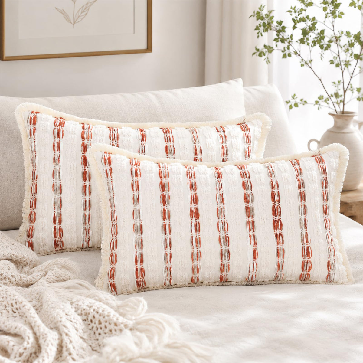 Striped Chenille Pillow Covers with Fringe - Rust Orange