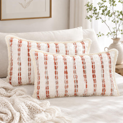 Striped Chenille Pillow Covers with Fringe - Rust Orange