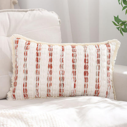 Striped Chenille Pillow Covers with Fringe - Rust Orange
