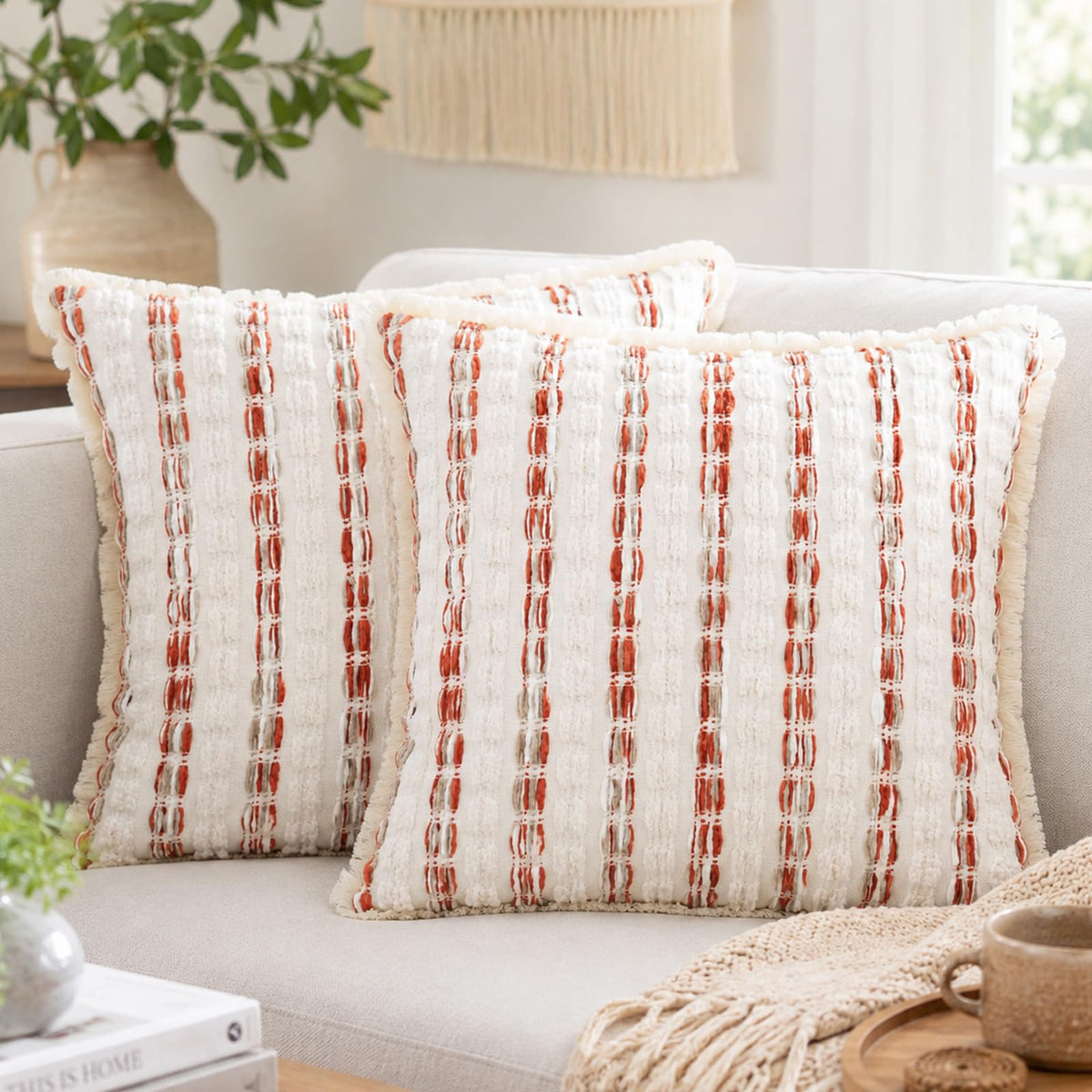 Striped Chenille Pillow Covers with Fringe - Rust Orange