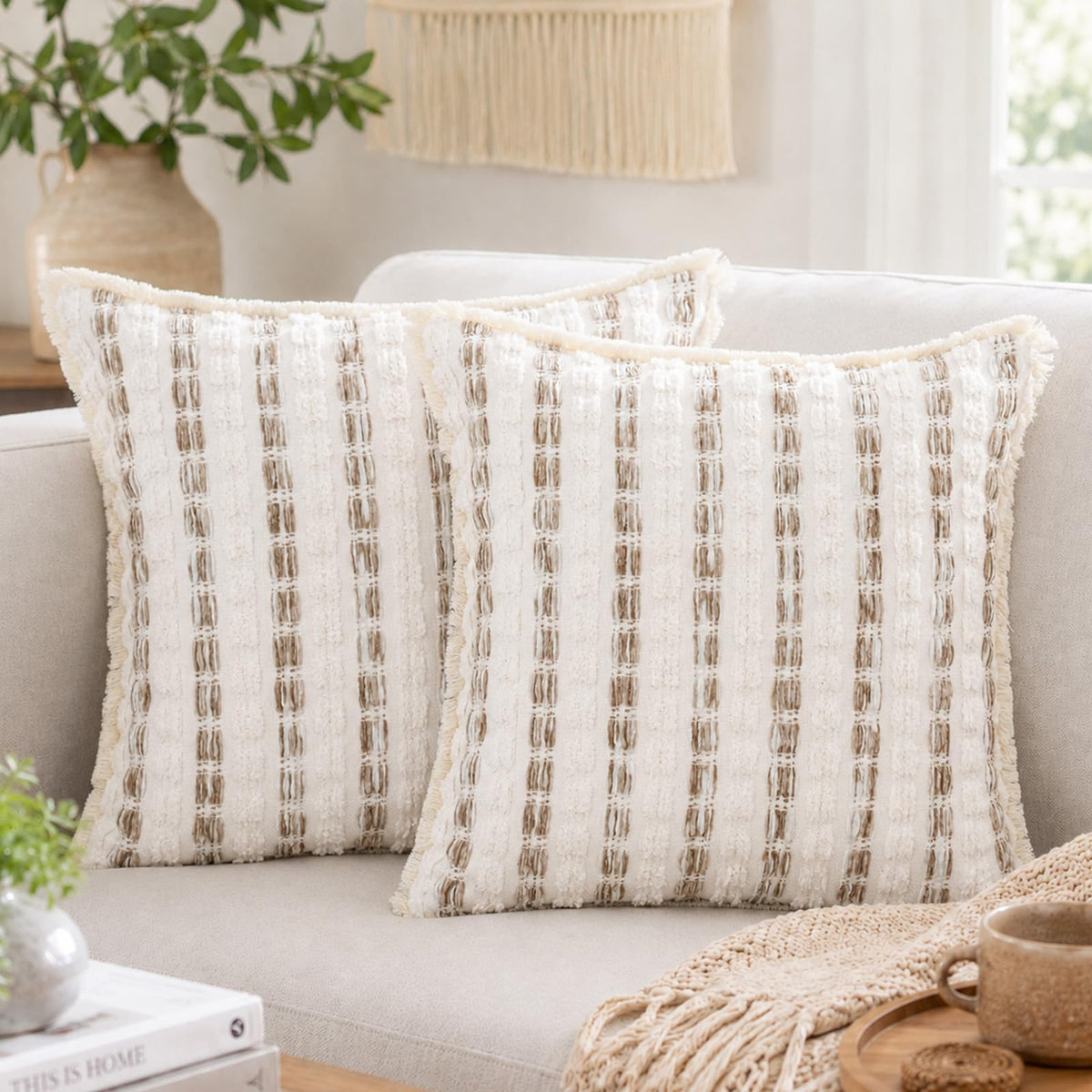 Striped Chenille Pillow Covers with Fringe - Beige Taupe