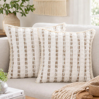 Striped Chenille Pillow Covers with Fringe - Beige Taupe