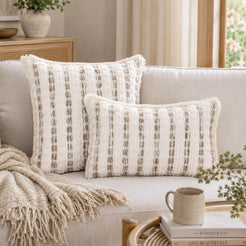 Striped Chenille Pillow Covers with Fringe - Beige Taupe