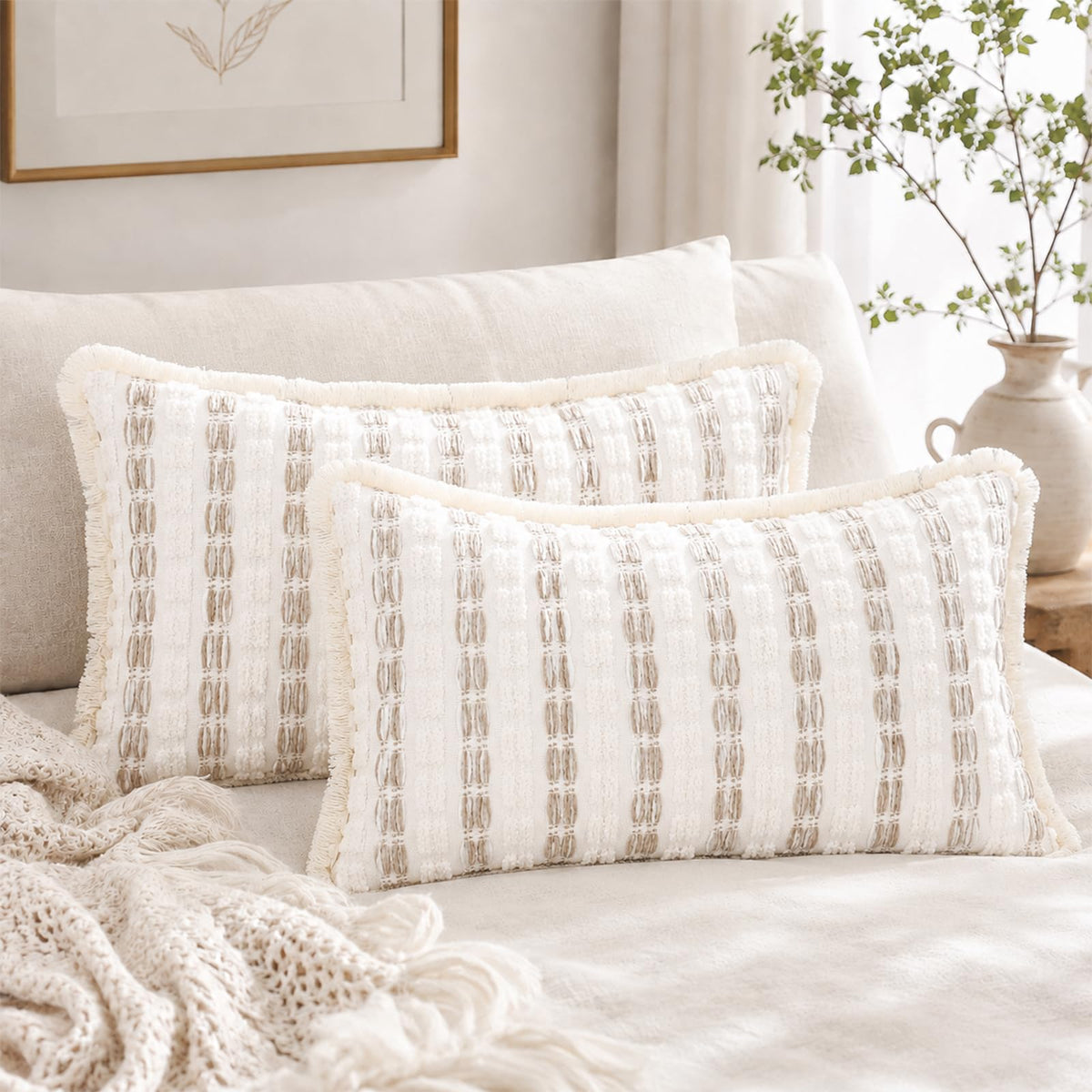 Striped Chenille Pillow Covers with Fringe - Beige Taupe