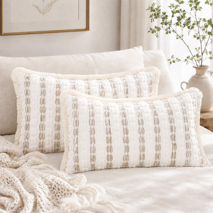 Striped Chenille Pillow Covers with Fringe - Beige Taupe