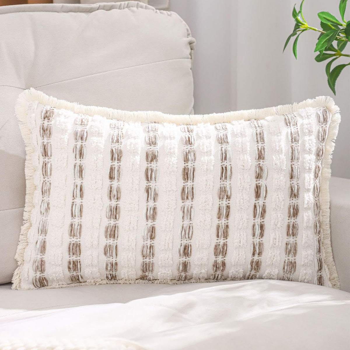 Striped Chenille Pillow Covers with Fringe - Beige Taupe