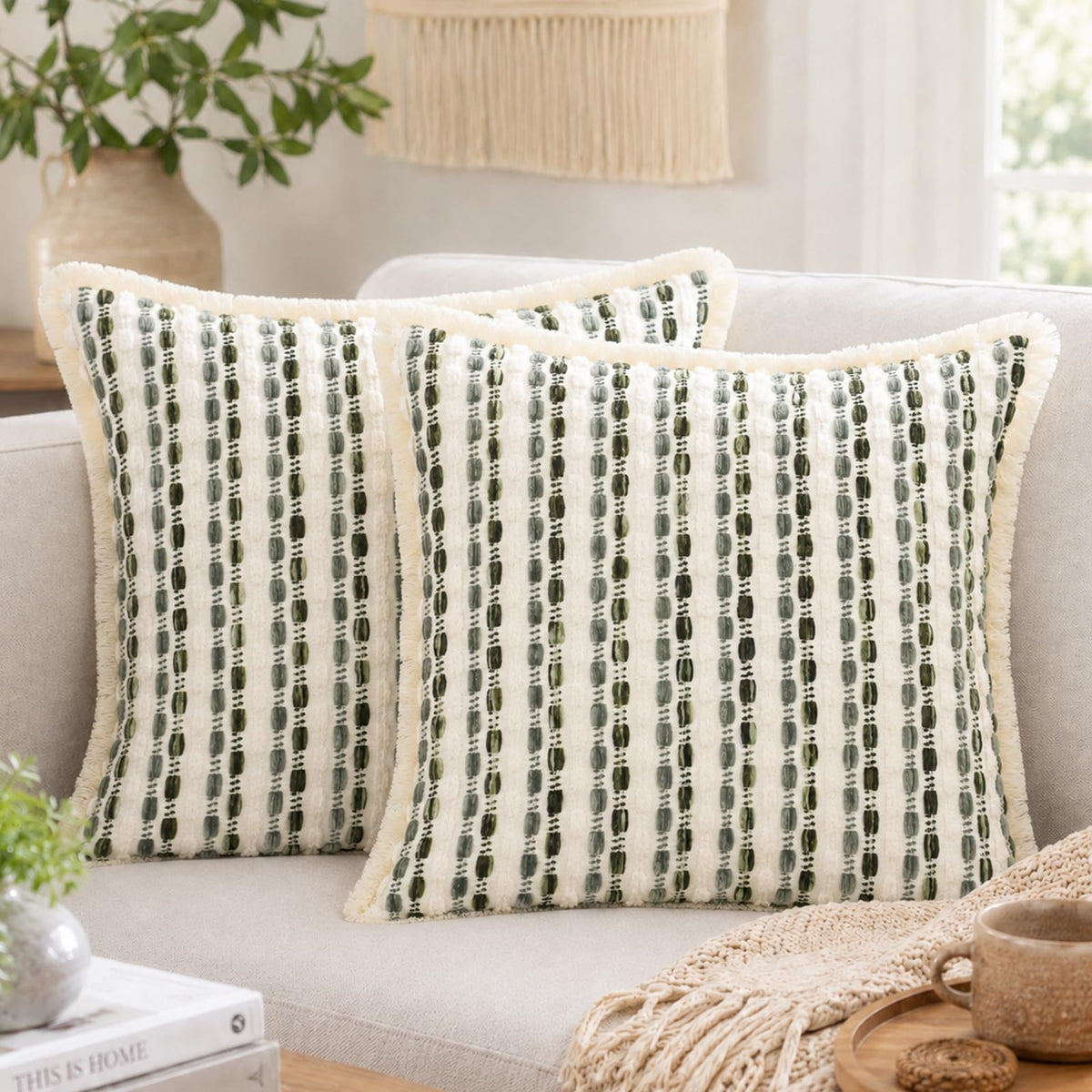 Striped Chenille Pillow Covers with Fringe - Sage Green
