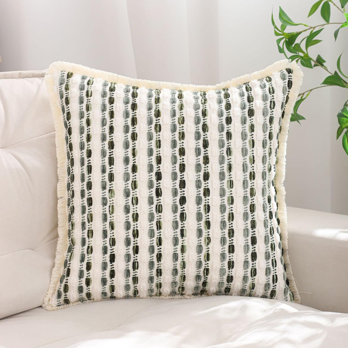 Striped Chenille Pillow Covers with Fringe - Sage Green