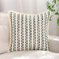 Striped Chenille Pillow Covers with Fringe - Sage Green