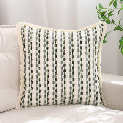 Striped Chenille Pillow Covers with Fringe - Sage Green