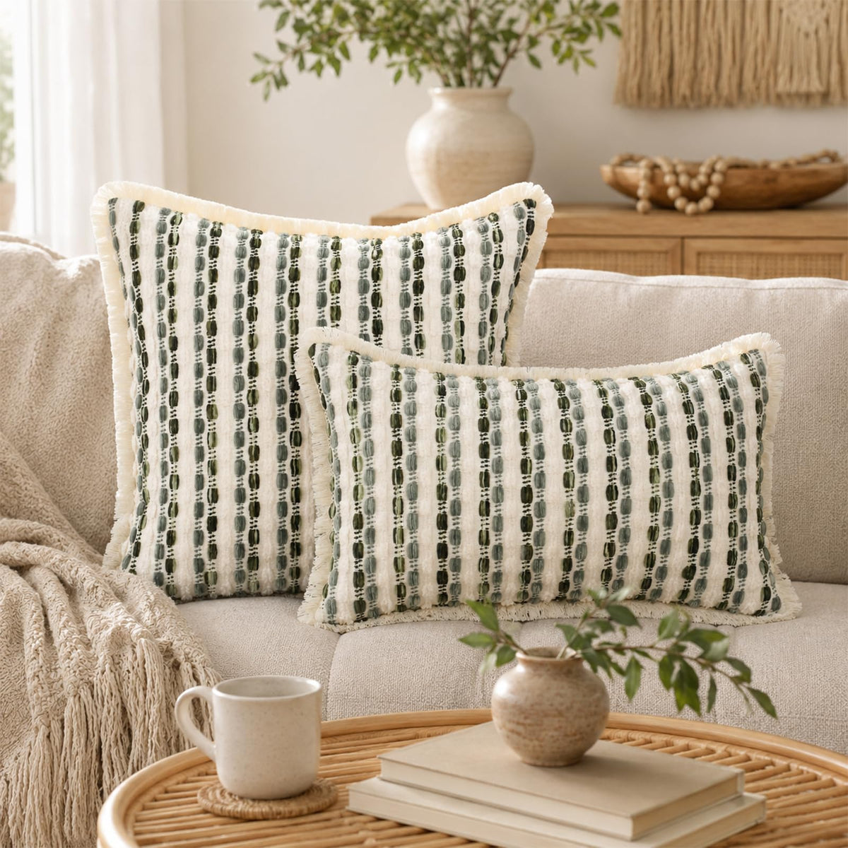 Striped Chenille Pillow Covers with Fringe - Sage Green