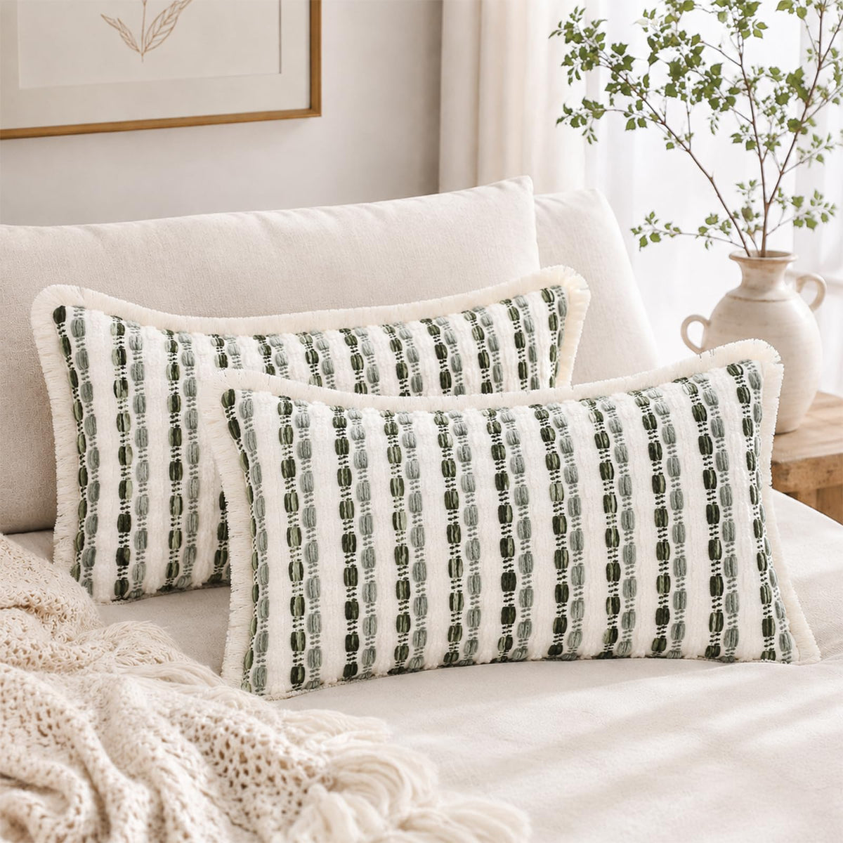Striped Chenille Pillow Covers with Fringe - Sage Green