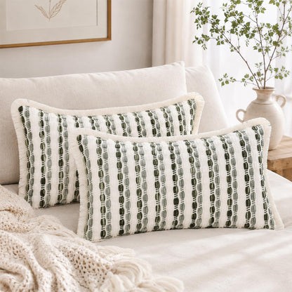 Striped Chenille Pillow Covers with Fringe - Sage Green