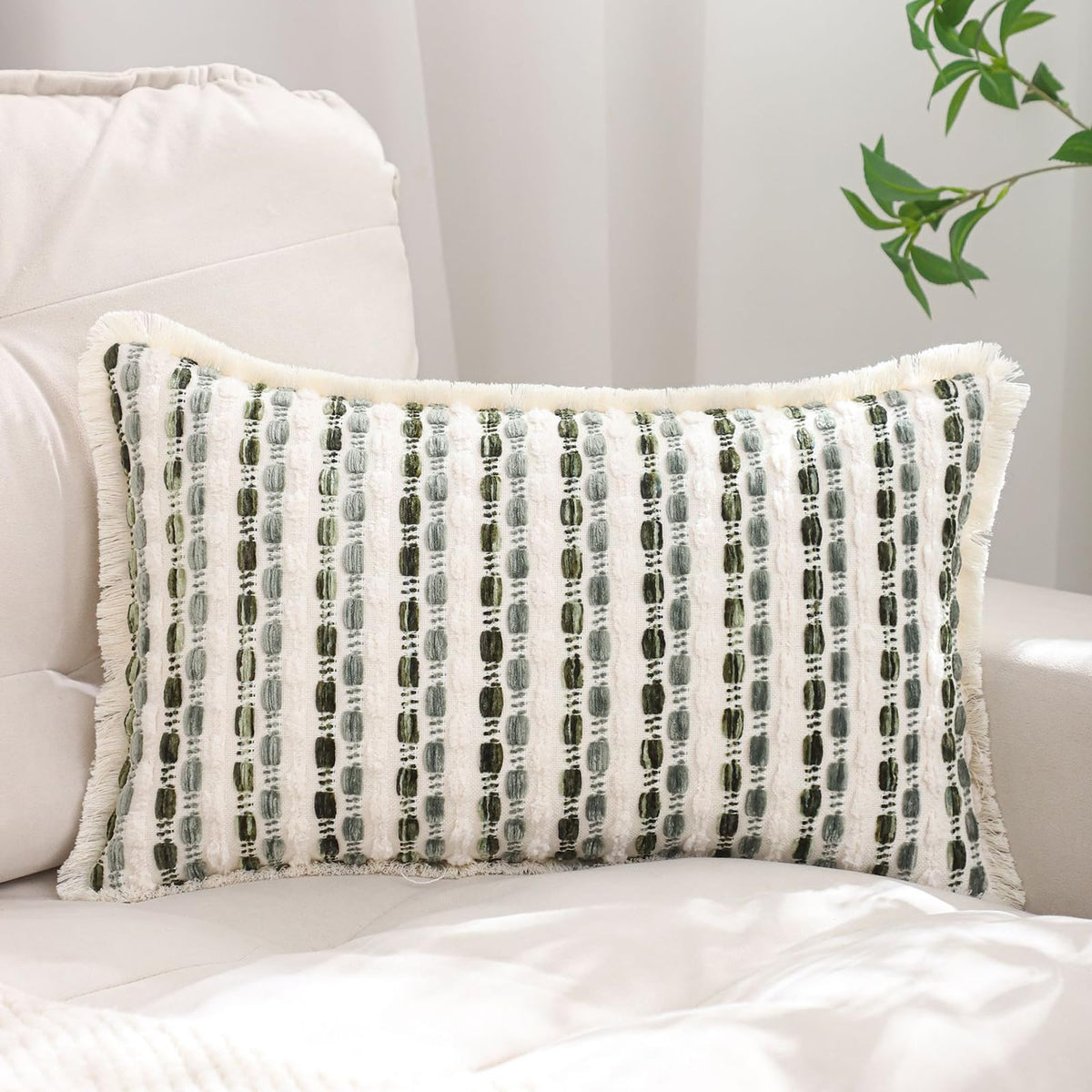 Striped Chenille Pillow Covers with Fringe - Sage Green