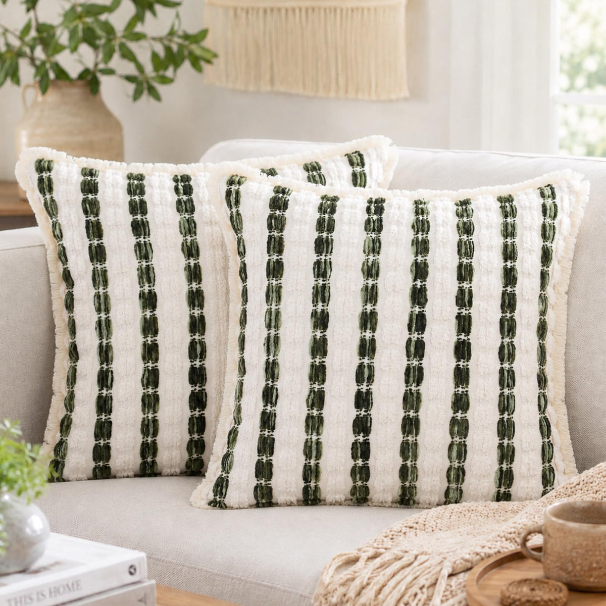 Striped Chenille Pillow Covers with Fringe - Dark Green