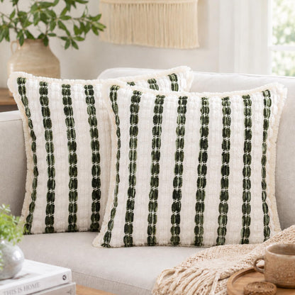 Striped Chenille Pillow Covers with Fringe - Dark Green