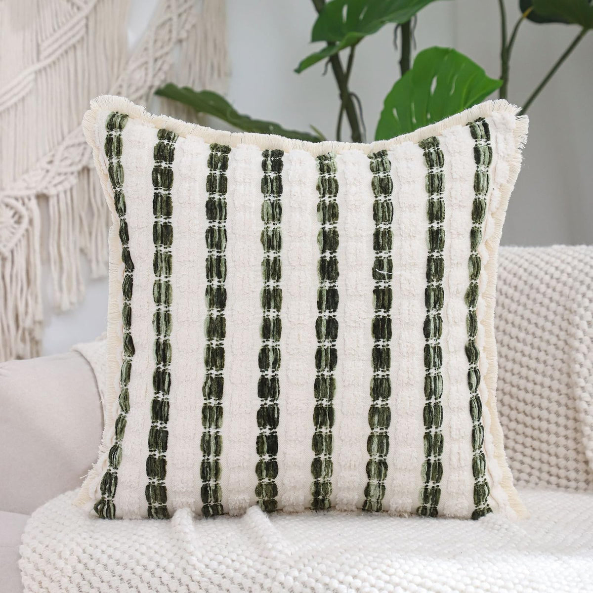 Striped Chenille Pillow Covers with Fringe - Dark Green