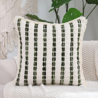 Striped Chenille Pillow Covers with Fringe - Dark Green
