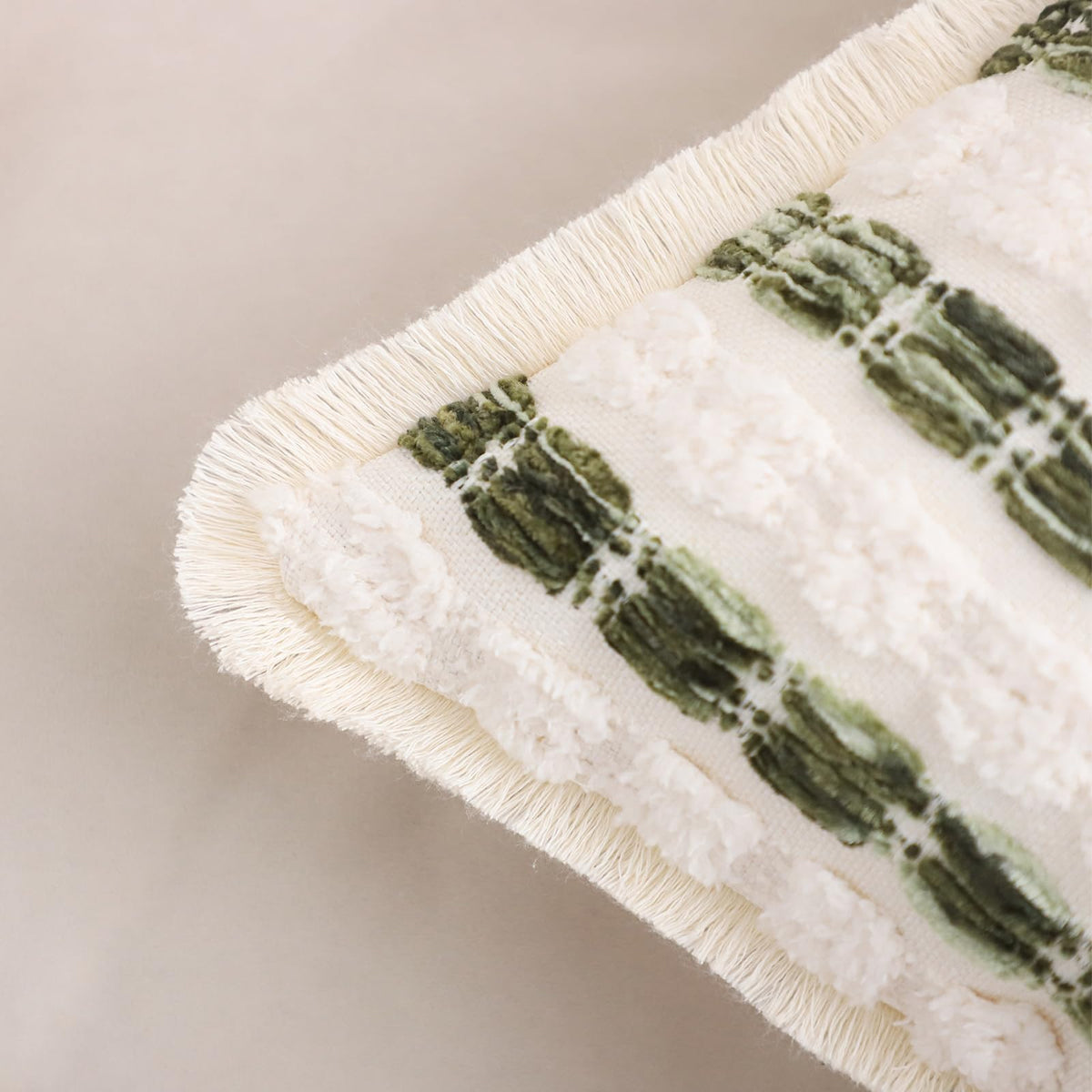 Striped Chenille Pillow Covers with Fringe - Dark Green