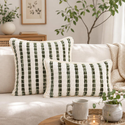 Striped Chenille Pillow Covers with Fringe - Dark Green