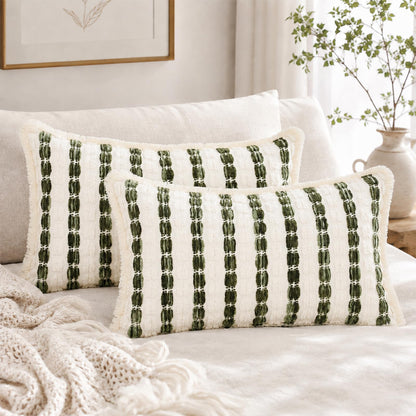 Striped Chenille Pillow Covers with Fringe - Dark Green