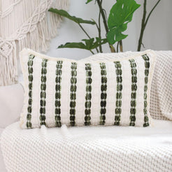 Striped Chenille Pillow Covers with Fringe - Dark Green