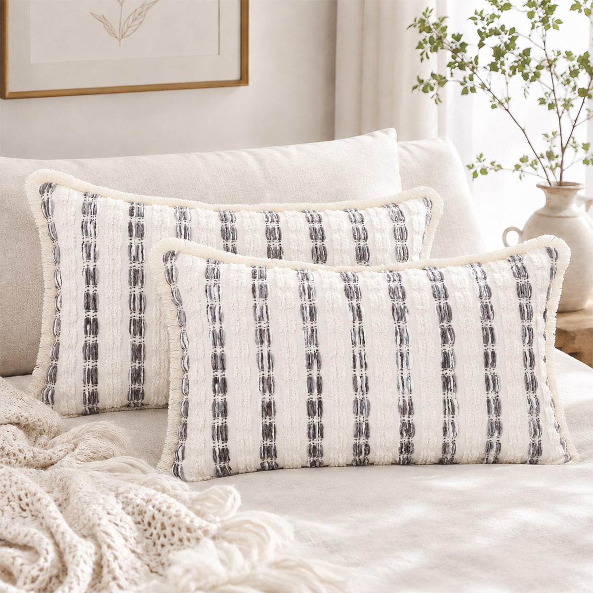 Striped Chenille Pillow Covers with Fringe - Grey